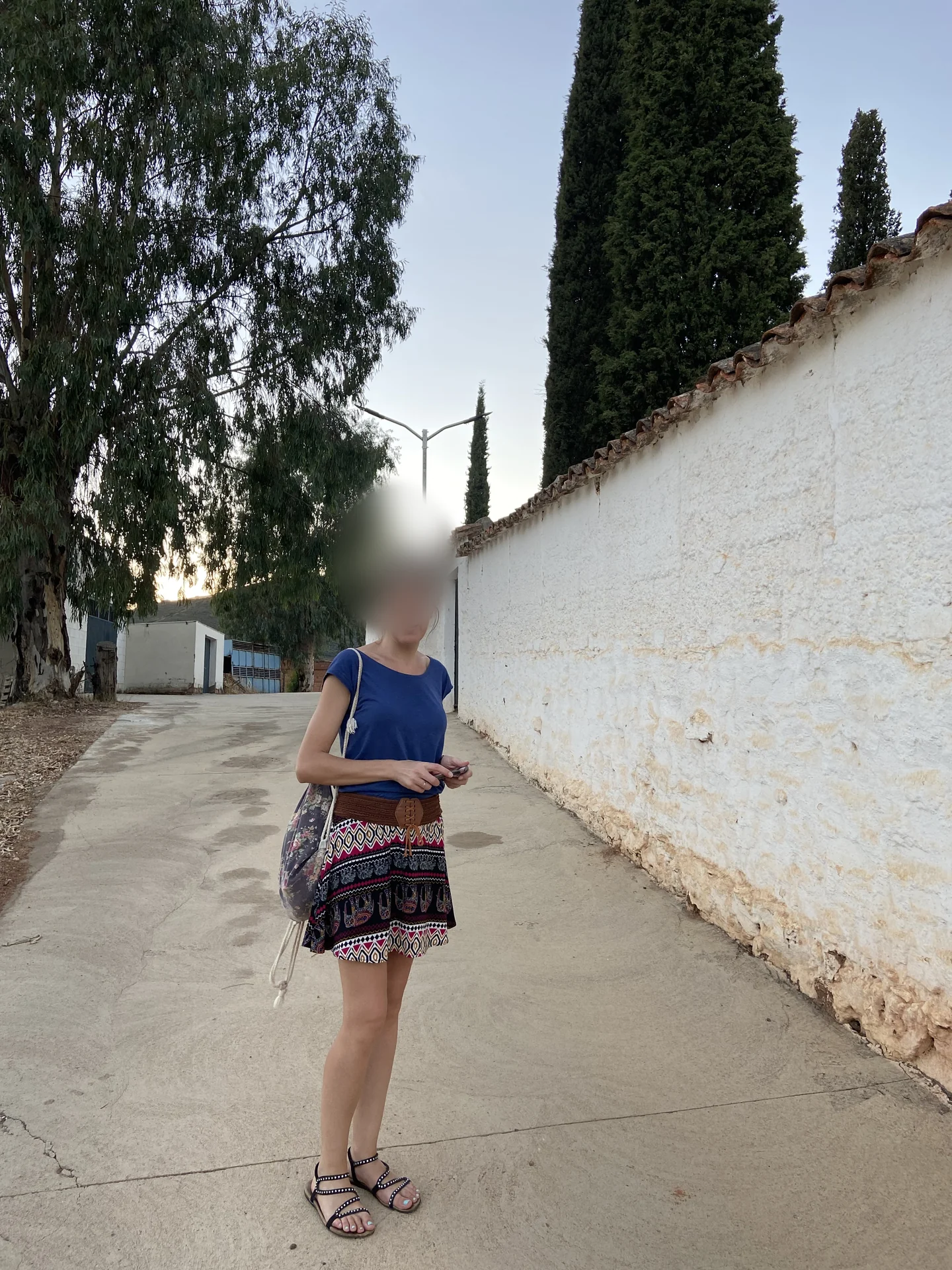Acceso exterior al cementerio de El Hoyo junto al muro encalado y el arbolado