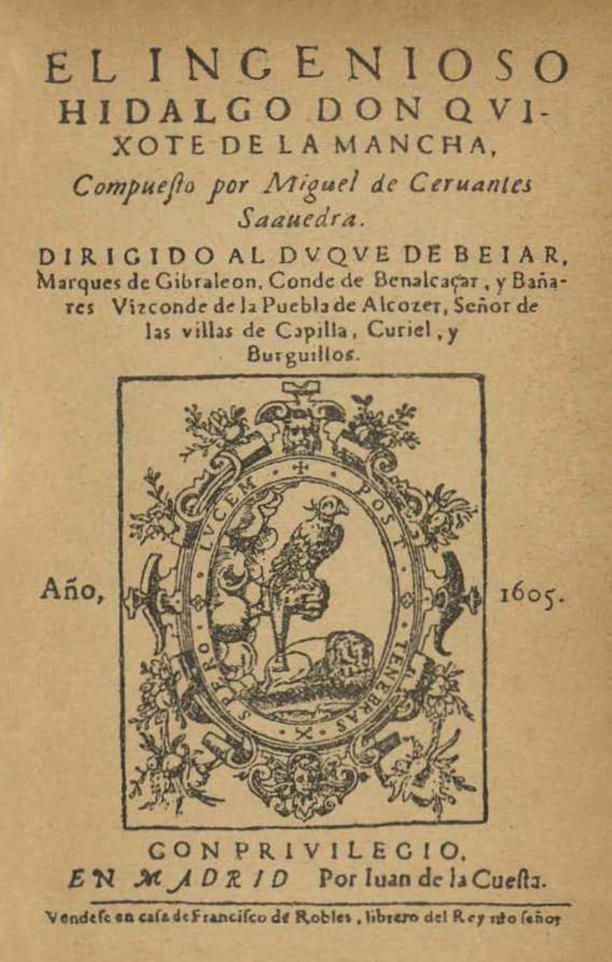 Portada de la primera edición de Don Quijote de la Mancha, 1605