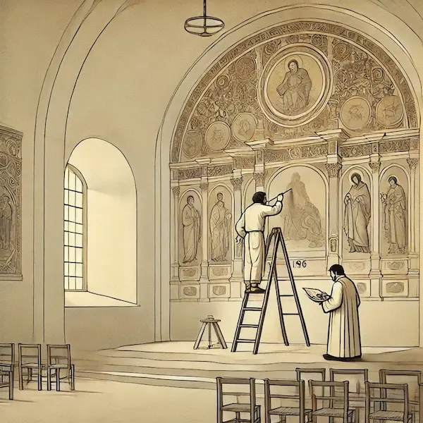 Recreación de trabajos de decoración en una iglesia rural