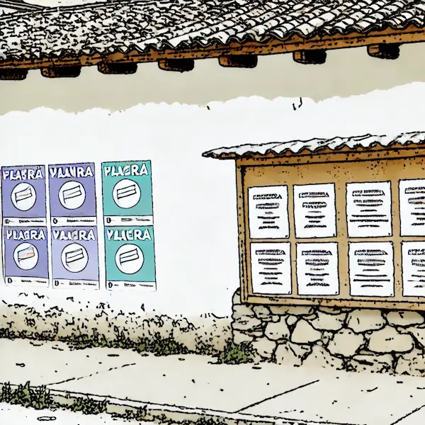 Recreación de carteles electorales en un pueblo español durante la Transición