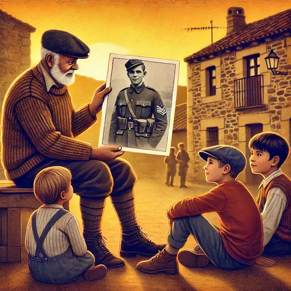Dibujo de un abuelo contando batallitas de la mili