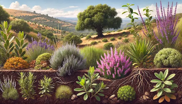 Ilustración de adaptaciones de la vegetación mediterránea